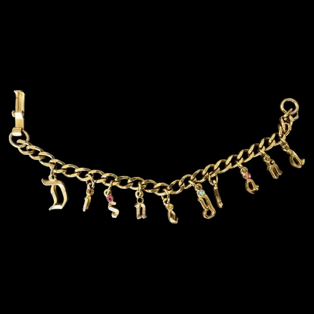 Vtg Disneyland Little Miss Charm Bracelet Gold Tone Girl’s Sz Rhinestones ~As Is